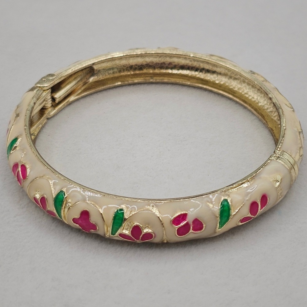 Enamel Floral Clamper Bracelet Cream Pink Gold Tone Hinged 7 Inch